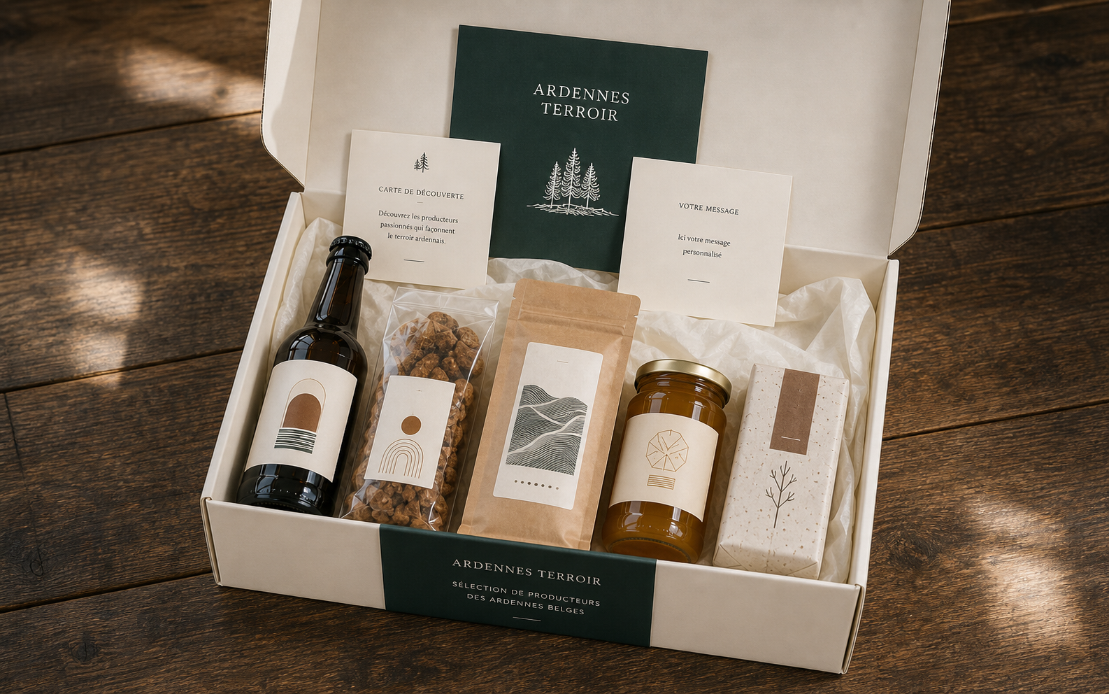 Visualisation indicative du coffret découverte avec cinq produits artisanaux, une carte de découverte et un message personnalisé