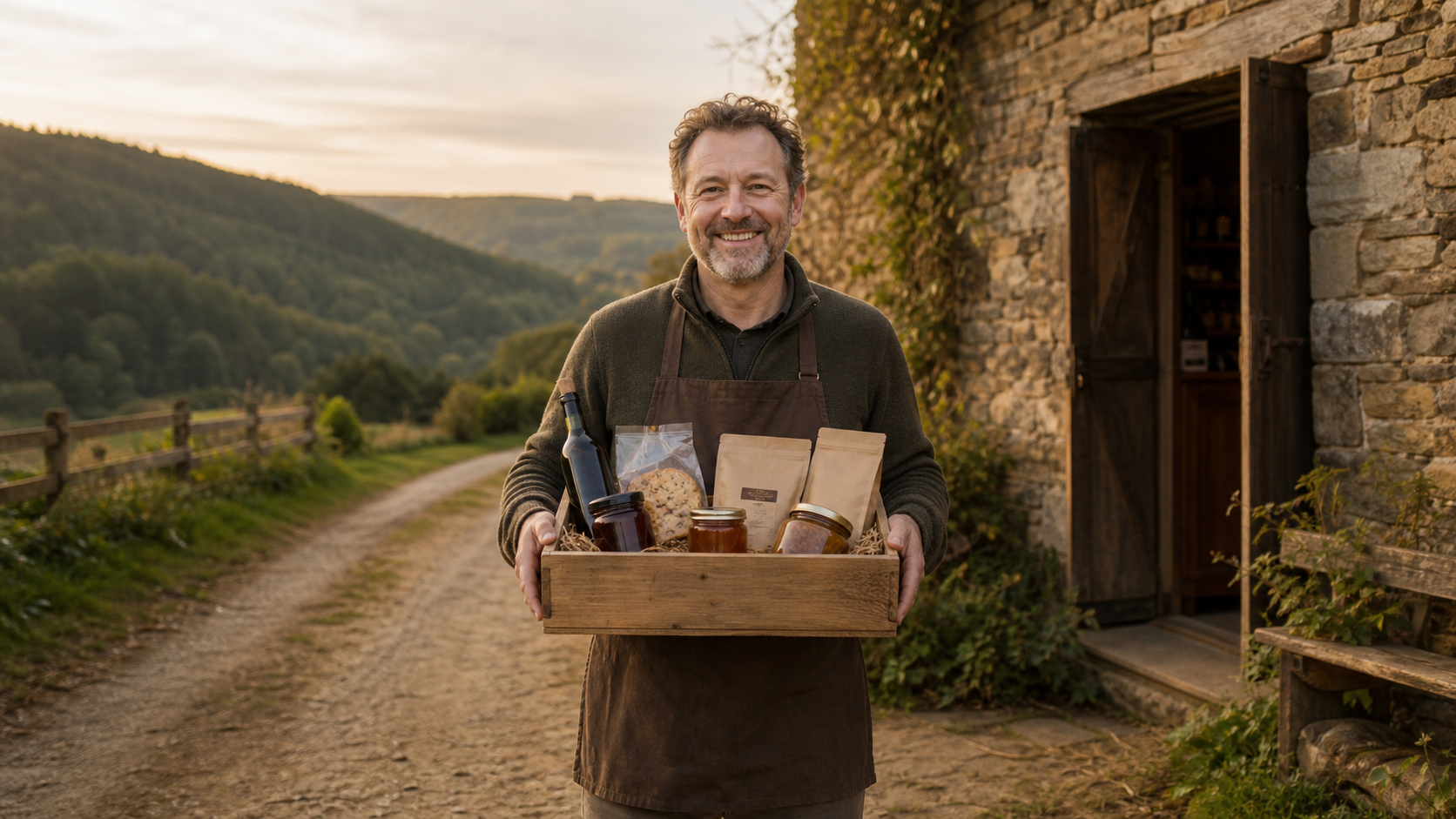 Visualisation indicative d’un artisan ardennais présentant un coffret de produits régionaux