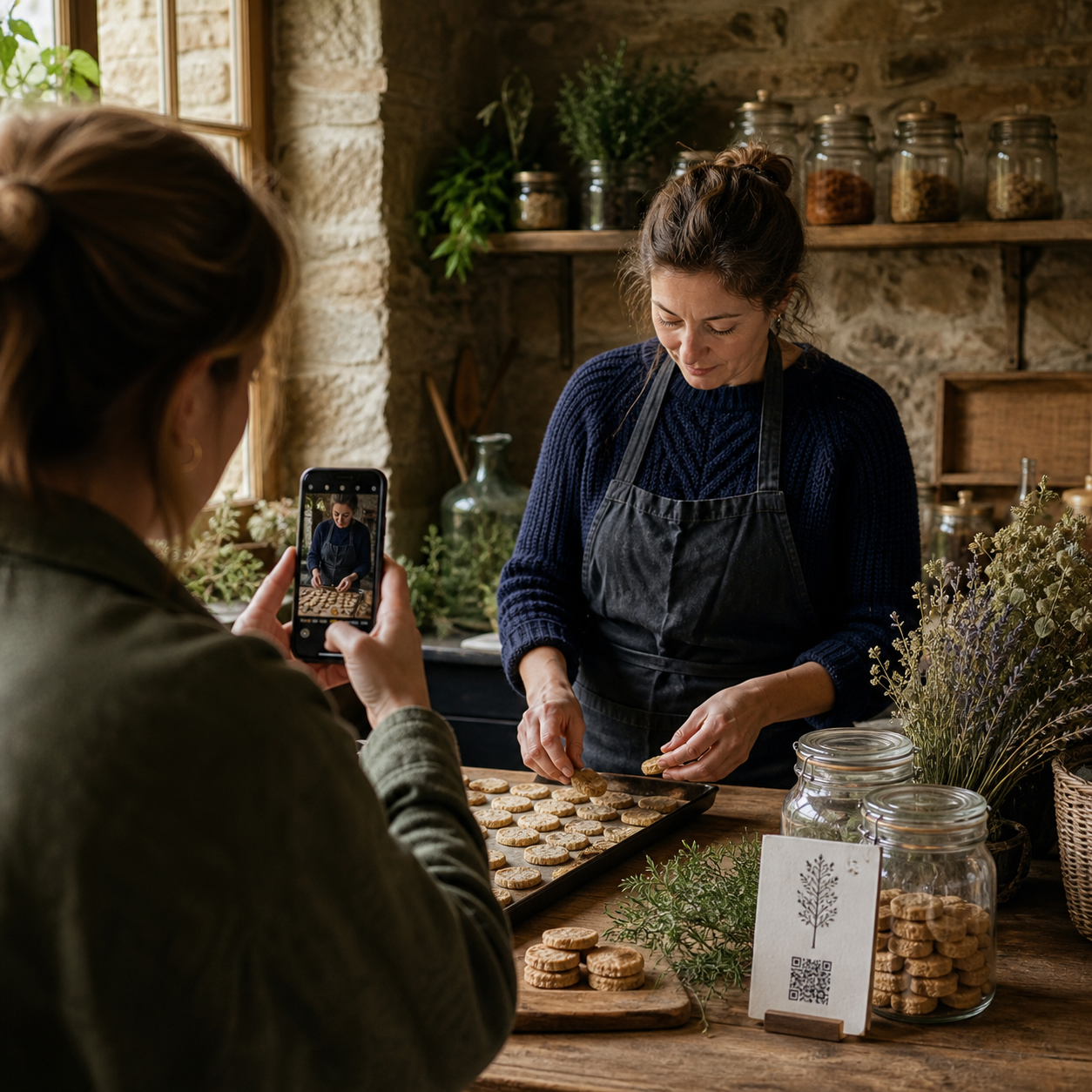 Visualisation indicative d’une productrice ardennaise filmée dans son atelier et d’une carte de découverte avec QR code